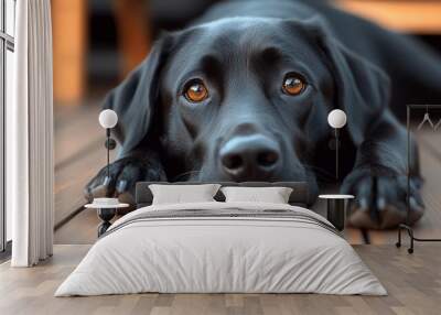 A lonely, bored black Labrador dog lying alone on a wooden floor at home Wall mural