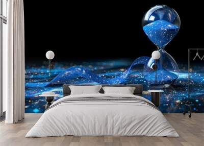 Hourglass with blue abstract particles on black background. 3d illustration Wall mural