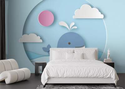 Cartoon cute flat whale with pink sun, white clouds and sea waves. Paper cut out style. Carving art. Vector illustration Wall mural