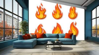 Set of fire flames on white background. Paper cut out art digital craft style. Vector illustration Wall mural