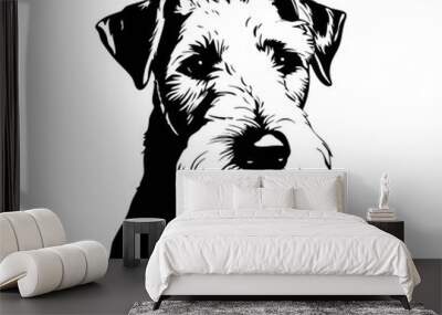 PNG one single sitting Airedale Terrier dog head front view black and white bw two colors silhouette. Template for laser engraving or stencil, print for t shirt Wall mural