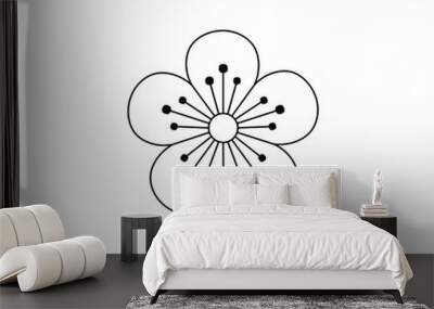 Vector isolated single symmetrical five petals sakura flower blossom with stamens pretty flower colorless black and white contour line drawing Wall mural