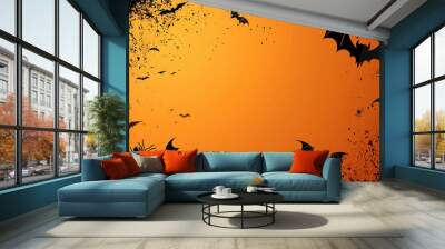  spiders and bats on an orange background, festive Halloween background with a place for text Wall mural