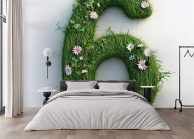 3D number 6 with grass with flowers texture realistic modern design, soft lighting, white background  Wall mural