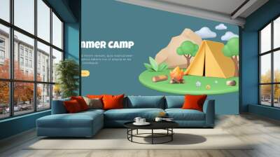 3d tent and bonfire on summer landscape with mountains and trees. Camping banner concept. Vector illustration on grass stage with isolated clouds.  Outdoor campsite weekend. Relax on lawn. Wall mural