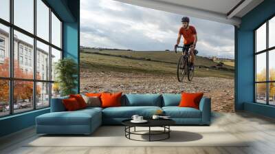 A cyclist rides a gravel bike along a rough gravel path, standing on the pedals as they approach the distant mountains in the background. A dynamic scene of cycling in nature. Wall mural