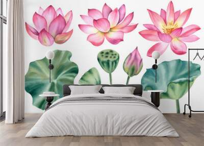 A large set of lotus flowers. Hand-painted watercolor illustration of a tropical pink water lily and green leaves. A botanical drawing. A bundle of water lilies for clipart, spa. Wall mural