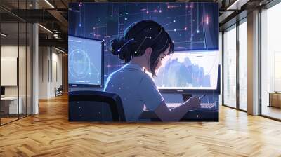 A young asian girl sits at a computer and works with a neural network. The concept of artificial intelligence and modern technologies. Wall mural