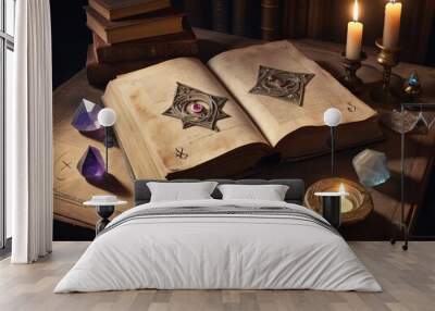 Ancient Book of Spells with Occult Symbols, Mysterious Mood, Dimly Lit Desk Wall mural