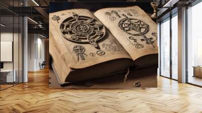 Ancient Book of Spells with Occult Symbols, Mysterious Mood, Dimly Lit Desk Wall mural