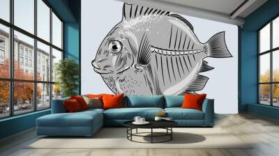 Funny round fish, freehand drawing, engraving Wall mural