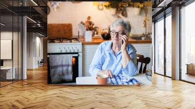 Senior woman is talking on mobile phone at cozy home kitchen. Grandmother has tea or coffee break in cooking. Retired person is using device. Concept of people cyber privacy, connection, communication Wall mural