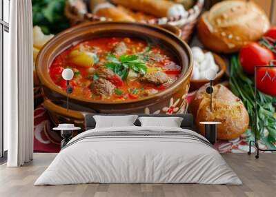 Borscht soup with meat and vegetables prepared according to a traditional recipe. Wall mural