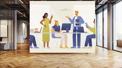 Business meeting team. People in open space coworking office concept design. Vector illustration for web banner, infographics, hero and characters images. Flat design, isolated on white background. Wall mural