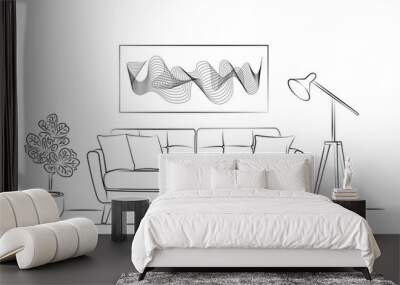 Interior design with modern living room in black sketch line on white background, vector, illustration Wall mural