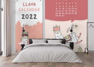 Calendar 2022, Sunday first. May month. Schedule template with cute llama. New 2022 year calendar with alpaca cartoon character. Funny animal in jump. Scandinavian style. Wall mural