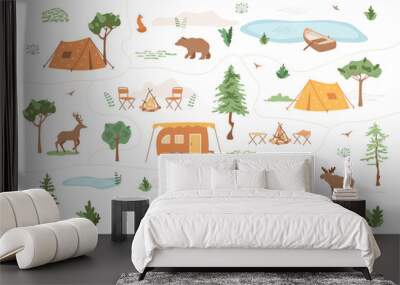 Camping map with path. Tents, van camper, chairs near campfire, lake with boat, wild animals moose, bear, deer, fox. Weekend, vacation on nature in forest. Vector illustration with trees, grass, birds Wall mural