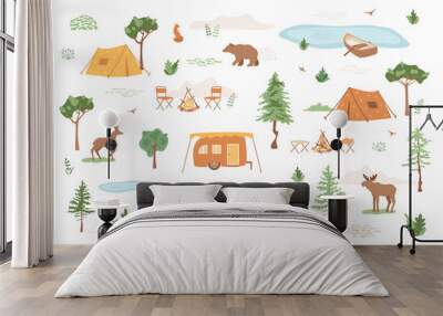 Camping map. Tents, van camper in forest. Chairs near campfire, lake with boat, wild animals moose, bear, deer, fox walking. Weekend, vacation on nature. Vector illustration with trees, grass, birds. Wall mural