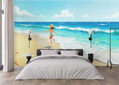 Child running along sandy beach with blue waves and sunny sky in a tropical landscape Wall mural