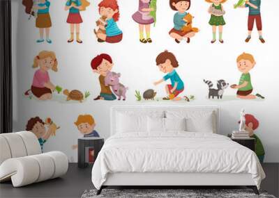 Children with their pets. Cute illustrations with cartoon characters. Wall mural