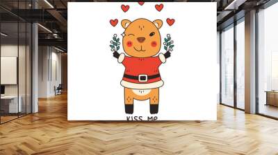 Christmas Capybara with Mistletoe dressed as Santa Claus. Cute Funny Playful Exotic animal with text and heart shapes. Adorable holiday sticker and print. Isolated vector illustration Wall mural