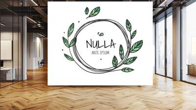 Circle cute hand drawn frame on the white background. Doodle hand drawn decorative outlined wreaths with branches, leaves and flowers. Vector illustration. Circle frame, banner Wall mural