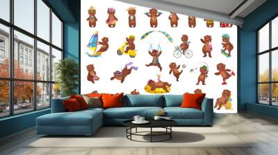 Collection of cartoon illustrations with bear performing different actions. Colorful cute character. Wall mural