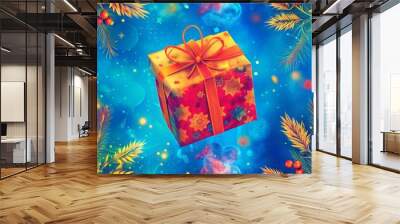 Colorful festive gift box surrounded by vibrant holiday decorations and bright backgrounds Wall mural