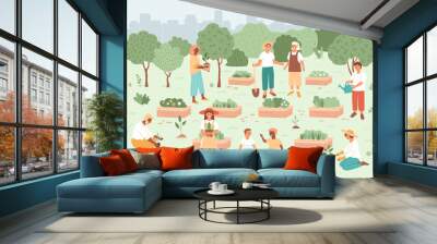 Community garden in city concept. People in public farm enjoying time, communicate and plant trees. Spring and summer activity. Beds with green bushes, flower. Young men, adult women, children farming Wall mural