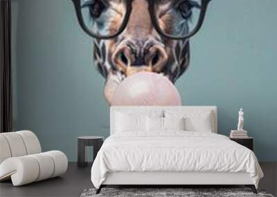 Cute dad giraffe chews gum and blows a bubble.	
 Wall mural