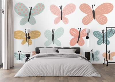 Cute doodle butterfly set. Collection of pastel colors hand drawn butterflies  Wall mural