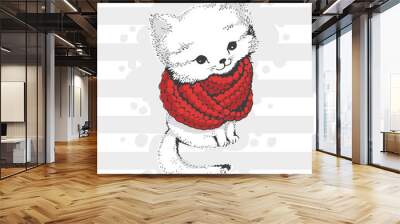 Cute white winter cat in a knitted scarf. Made in a limited color palette. For postcards or prints on clothes Wall mural