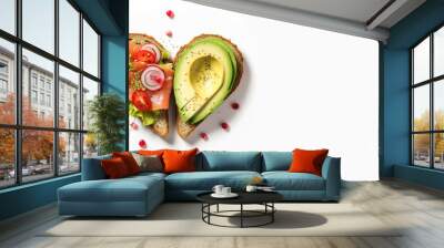 Delicious bread toasts in the shape of a heart, with fresh avocado and red salted fish, on a white background Wall mural