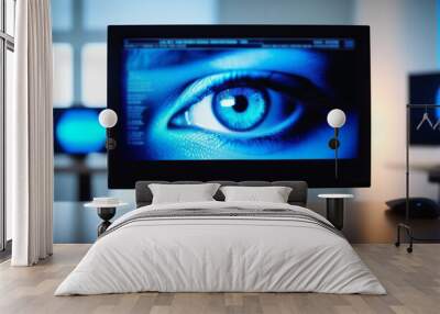 Computer Monitor with Blue Neon Eye on the Screen standing in the Modern Office or Clinic. Ophthalmology Creative Concept Idea. Technology. Biometric Eyes Scan. Eyesight correction. Retinal Diagnostic Wall mural