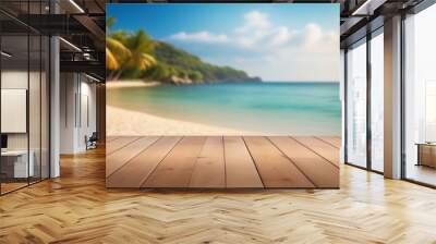 Empty wooden table, bar pier with tropical sunny beach background. Copy space for your promo, text or logo brand. Wood desk board on nature blue sky sea view. Blank tabletop on blur summer ocean scene Wall mural