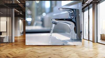 Modern faucet and water flow. Stylish white sink, faucets in a light interior. Chrome steel tap. Domestic Appliances. Gray clean bright bathroom. Household equipment. New water Tap. Contemporary style Wall mural