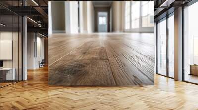 Wood floor. Light wooden flooring closeup. Shiny new hardwood floor. House renovation, changing floor to parquet. Beautiful golden handscraped oiled oak brushed for texture grain. Empty living room Wall mural