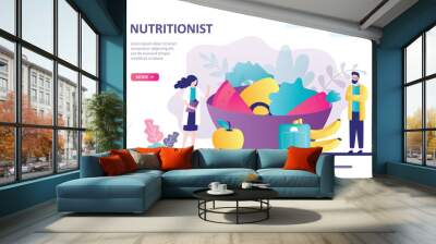 Diet plan with healthy food and physical activity. Concept of calorie control, individual dietary service. Man and woman nutritionist profession Wall mural