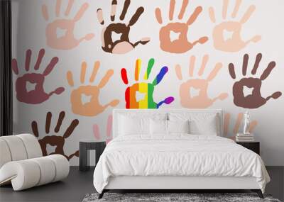 Different skin types colour hand prints on light background, people Diversity, rainbow in the middle Wall mural