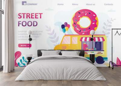 Donut food truck. Street food landing page, template. Van minibus, meals on wheels. Small business concept. Truck with fresh doughnuts and drinks. Wall mural