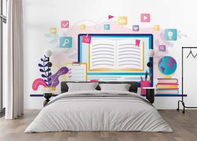 E-learning banner. Online education, home schooling. Modern workplace, open book on laptop screen. Wall mural