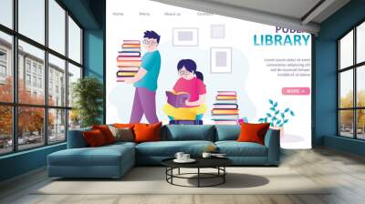 Female character sits and reads interesting book. Boy carries stack of different books Wall mural