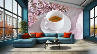 Flowers and coffee. Lilac and coffee, a beautiful composition. Flat lay. Flower concept. Wall mural