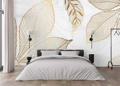 Gold leaves for the walls. Background with golden leaves of chestnut on a white background. Vector graphics. Wall mural