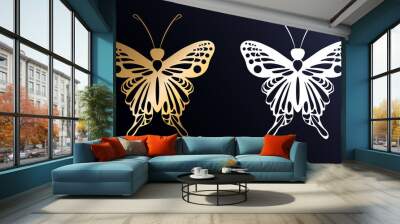 Golden and white butterfly silhouette on a dark blue background. Beautiful and thin pattern of wings. Vector illustration. Summer style. Wall mural