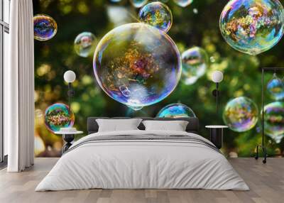 Rainbow soap bubbles on a dark blurred background. blower bubbles. Wall mural