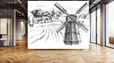 hand drawn landscape with mill Wall mural