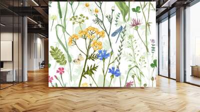 Hand drawn seamless with herbs and flowers Wall mural