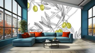 Seamless pattern with green olives and olive branches Wall mural