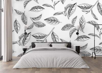 Seamless pattern with hand drawn tea leaves and branches Wall mural